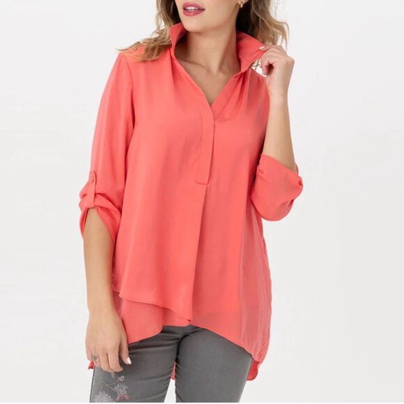 Tops - Renuar Splice Neckline Collared Long Sleeve Satin Blouse in Coral Size L
